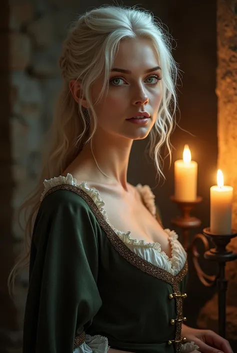 Indications your left cheek))) thesis clara, A woman of about 1, Natural white hair, Unique green eyes, Dress up Cole, Slim and elegant, beautiful, Candlelight in a medieval setting, super sharp focus, realistic lens, Medieval women&#39;s clothing, Four co...