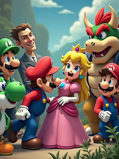 Mario hits Princess Peach in the face while Luigi is watching behind them, Yoshi, Walter White, Jessie Pikman and Bowser surprised.