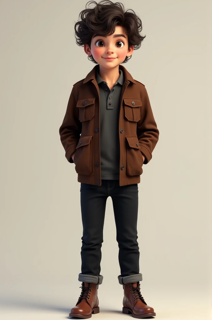 Make a curly haired boy wearing a dark brown suede jacket with dark grey polo black jeans and brown boots