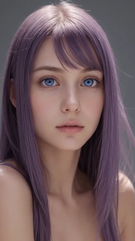 Three-quarter view portrait. a girl. Europe. extremely detailed face. shy expression. delicate features. blue eyes. half-closed, gentle, soft eyes. thin lips. long, straight, messy hair. purple hair. curvaceous body. Headshot