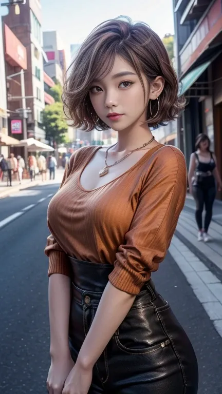 Curly Bobcut, Realistic, Orange Shirt,Brown-haired woman taking photos on the street, High resolution,High resolution, 8K Art Clock Bokeh, Well-proportioned body, 美しいJapanese women, Gorgeous Necklace, Watch out for breasts,美しい若いJapanese women, Soft Portrai...