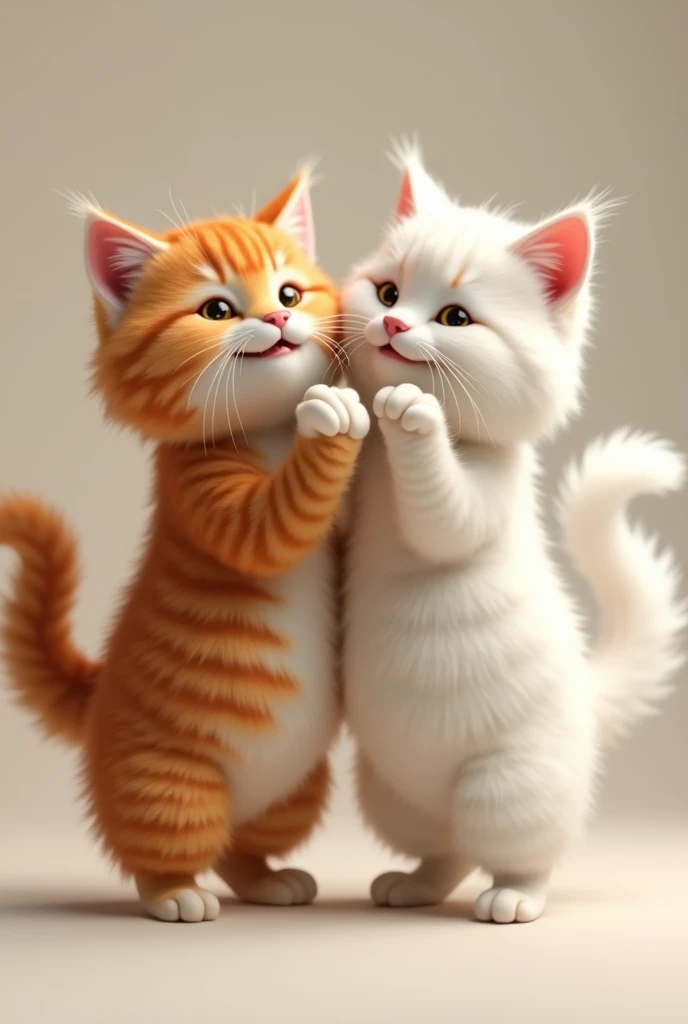 An orange realistic fluppy cat is dancing with a white realistic fluppy cat,