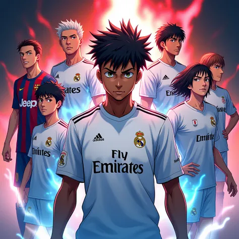 create a cover of an anime called "The Battle Infinit" with the football theme inspired by blue lock, the protagonist with black skin and American-cut hair in the front wearing a Real Madrid shirt, and the others behind with random skin color and random ha...