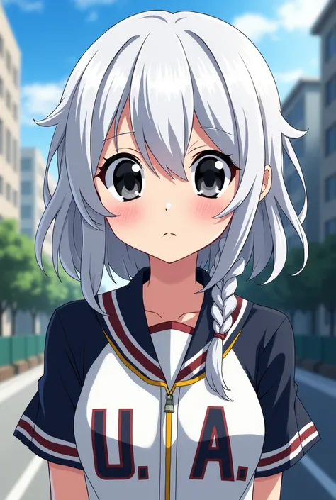 bnha drawing style, 1 pale skinned teenage girl,Big black eyes, white shoulder length hair,slightly messy bangs two pieces of braided hair longer than the rest, blurred city background, UA sports uniform