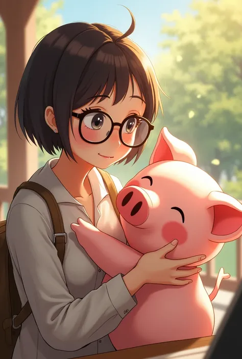 A short-haired woman wearing glasses sits with a pig mascot.