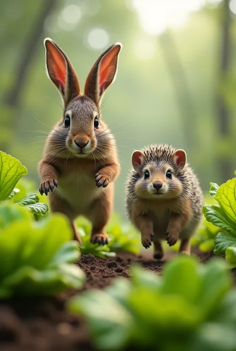 A hairy, spiteful and evil hare And a kind and intelligent hedgehog In a lettuce field,in a race with a hidden hedgehog 

