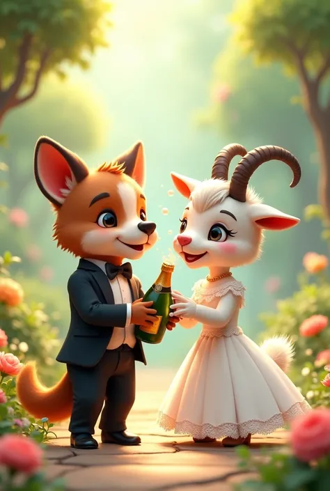 Create an image of a wedding scene with two animal characters: a groom dog in a black suit and a bride goat in a white wedding dress, both opening a champagne bottle. Chibi, 3d, cute