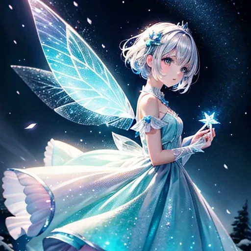 Fairy girl, fly in the sky, shining color as aurora, Clear white skin, Pretty Cure, pastel aurora color, a dress made of light, aurora, Colorful eyes, Light silver hair made of light, Short Hair, Silver Crown, transparent aurora fairy wings with frost, fly...