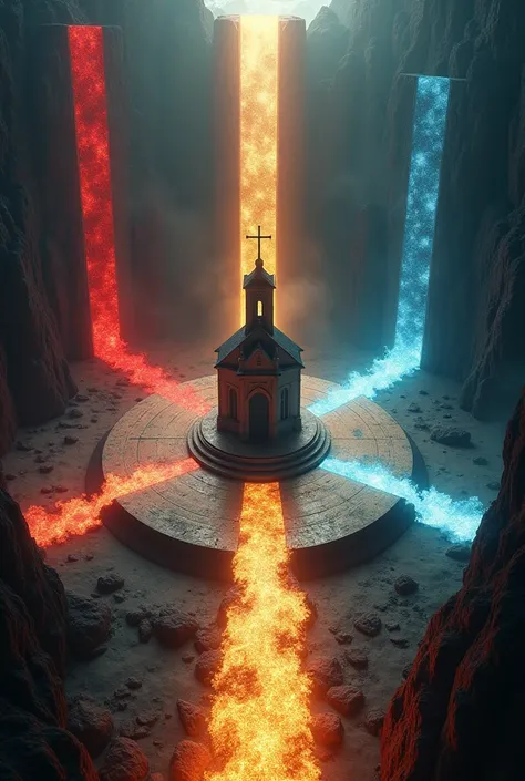 round stage, with a small church-shaped structure, around this church 3 paths, one that represents hell, one that represents heaven, and the other representing a purgatory