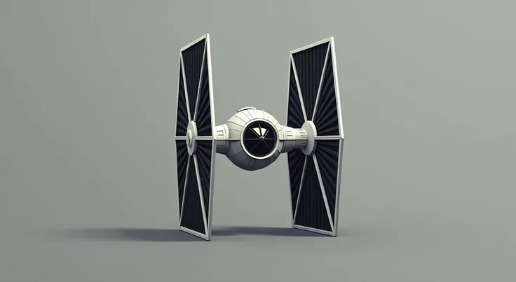 A minimalist digital artwork of the iconic TIE Fighter, using clean, sharp lines and stark contrasts in black and white. The TIE Fighter is depicted with its signature spherical cockpit at the center, simplified into bold geometric shapes. The twin hexagon...