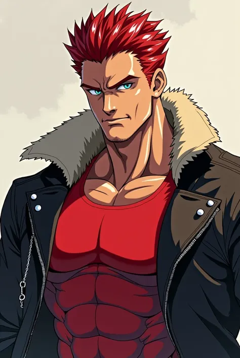 (anime painting style])Man without a mustache, with blue eyes, blood red hair, displays an imposing presence. Her short hair contrasts with her firm and confident expression.. He wears a tight red tank top. over, wears a black leather jacket with a soft fu...