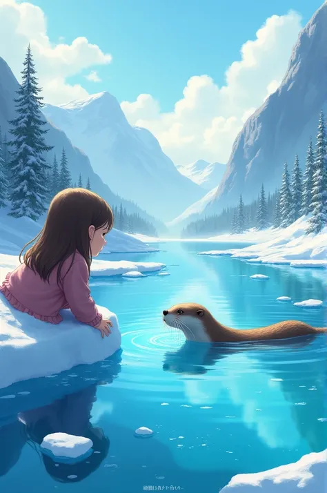 Eurasian otter，sapphire，ice，High resolution, 1 girl, light brown hair