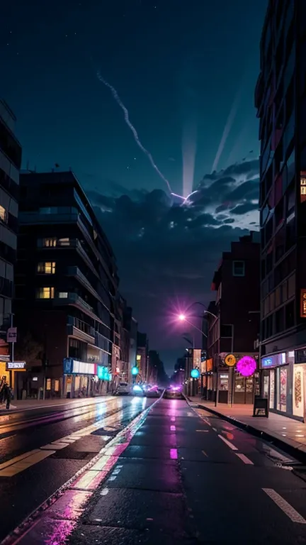 Create a low-angle view of a long, wide street at night, close to the ground, no cars, no clouds. In the distance, a powerful purple and mauve explosion lights up the sky. An intense, mysterious atmosphere pervades the scene. In the foreground, a helicopte...