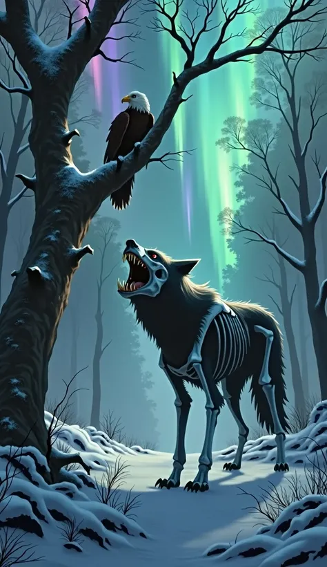 Skeletons a wolf with a fierce look an eagle in a tree in the background a snowy forest with aurora borealis with dark colors dark fantasy style 