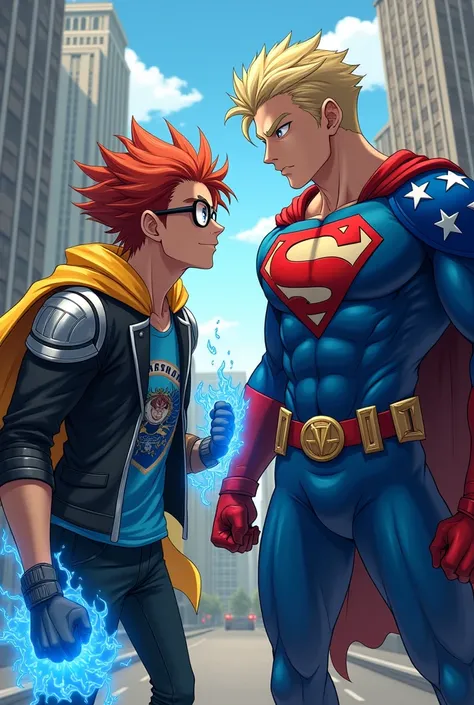 Man with bacon-colored hair, golden cloak, SILVER SHOULDER PADS, black jacket, blue shirt with motorcycle print, glasses, fists with blue flames.
Facing Homelander, chief of the seth, strongest character in the series The Boys, Blonde hair combed back, red...