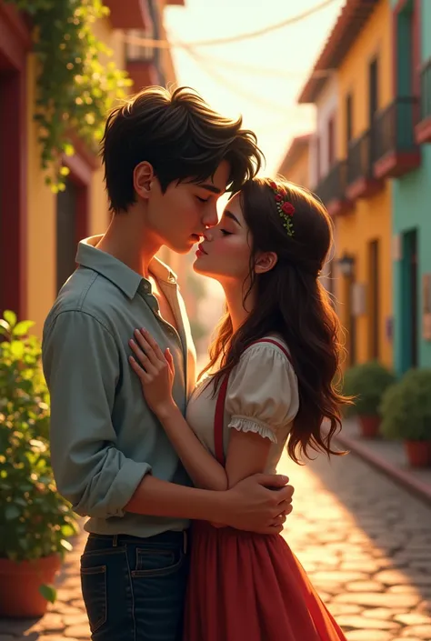 Dark-haired boy kissing a white girl with brown hair in Antigua Guatemala 