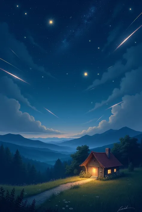 Night sky, shooting stars, twinkling stars, soft clouds, wispy grass, far mountains, warm cottage.