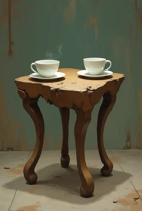 Uneven Tea Table: A tea table with irregular and asymmetrical shapes, as if it had been distorted by time. Legs can have different heights and curves, creating a slightly sloped surface, as if about to fall. The objects on it (cups, saucer) may appear perm...