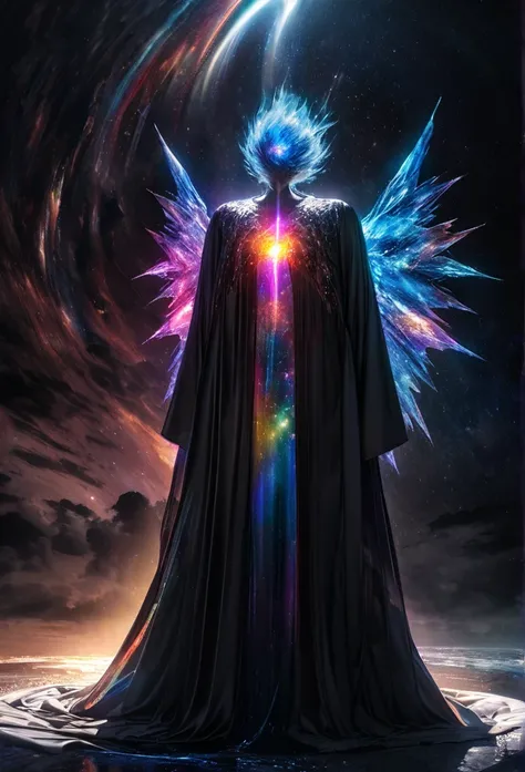 High energy life-form born from cosmic rays, transparent yet very vibrant colors of pure energy, large wings, and a robe coat, leaking iridescent light, background ominous spiral black hole, electromagnetic discharge, dark clouds, galaxy, delicate and dyna...