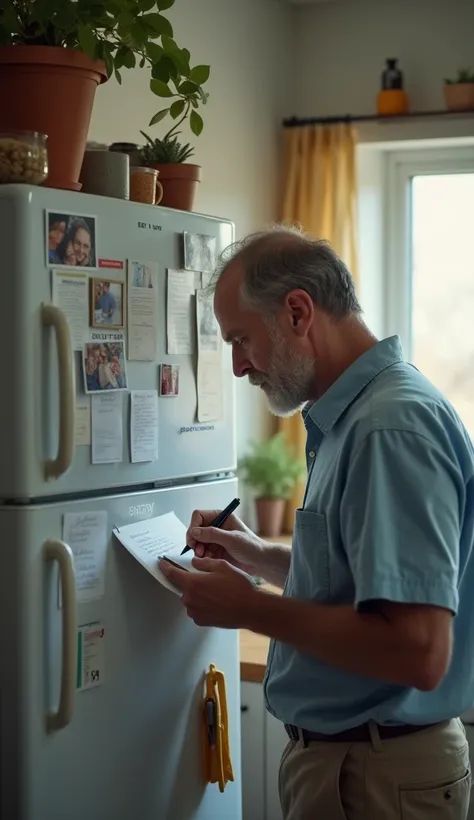 A man writing things down on a notepad on the refrigerator