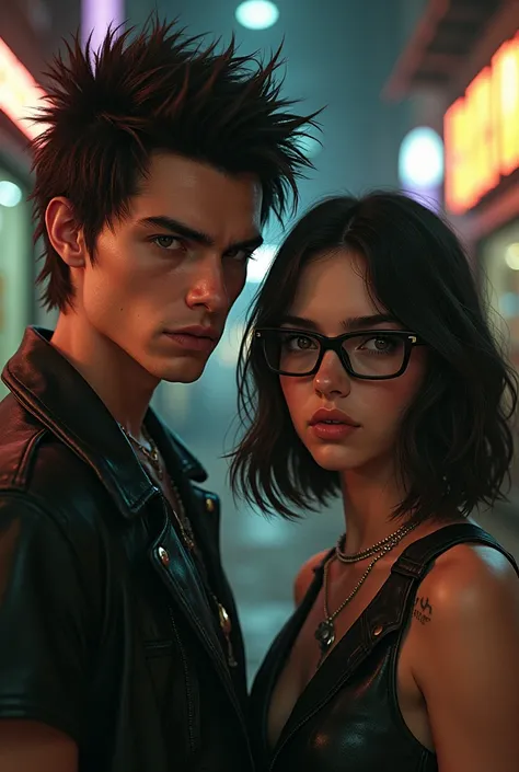 Long haired punk guy and girl with glasses and brown hair