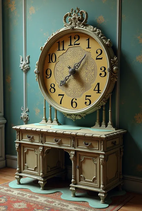 Clock Melted in Time: A piece of furniture inspired by the concept of distorted time, like a side table or a sideboard with a large melted clock next to it, remembering the peculiar passage of time in Wonderland. The clock could have jumbled or spiral numb...