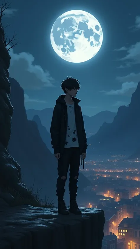 Beautiful moon night and a town behind lighted up, Img2img standing on a cliff wearing black paint white shirt and black jacket show face of Img2Omg