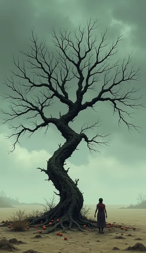 Image of a dry and sick tree: a tree with twisted branches, without leaves and with small, withered fruits, surrounded by dry, cracked soil. The sky is cloudy, and the atmosphere is gloomy, transmitting abandonment and carelessness. People avoid the tree, ...