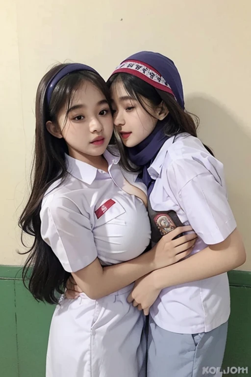 1girl , 1boy,, hug each other, indonesia female high-school student，White student uniform，huge tit，blush,wear hijab,large breast,JK ,sex