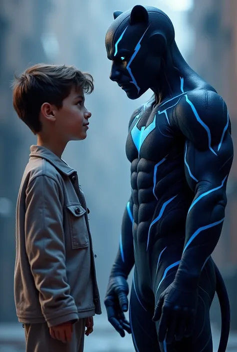 Conor.pajama,an 1 boy , a masked man ( full mask.with a dark blue panther suit with light blue stripes./with a panther logo on the chest.with bioelectric powers,super speed (without cape)