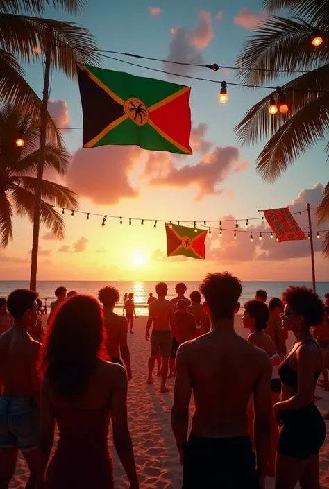 La scène se passe dans la caraïbe en debut de soirée sur la plage, il y a des hommes et des femmes qui écoutent du reggae, le drapeau rouge, vert et noir de la Martinique son suspendu partout. Lambiance est électrique car la musique est bonne 