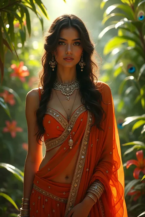 (photorealism:1.2), beautiful cute woman, stand on focus face jungle, wearing choli, beautiful lehnga, long straight hair, wearing silver  jewellery outdoors, smooth lighting, plants flowers in peacock background, flowers with sunlight, cozy jungle, relaxe...