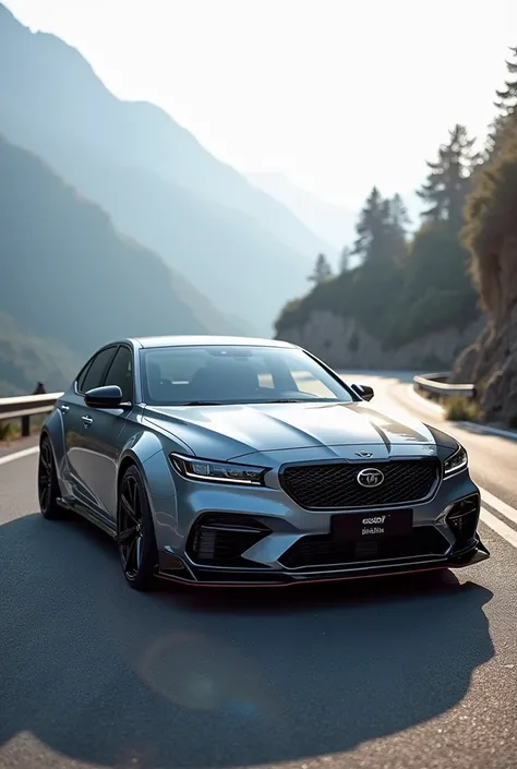 Landscape photo of Geely emgrand sedan in a machine gray color with a wide bodykit