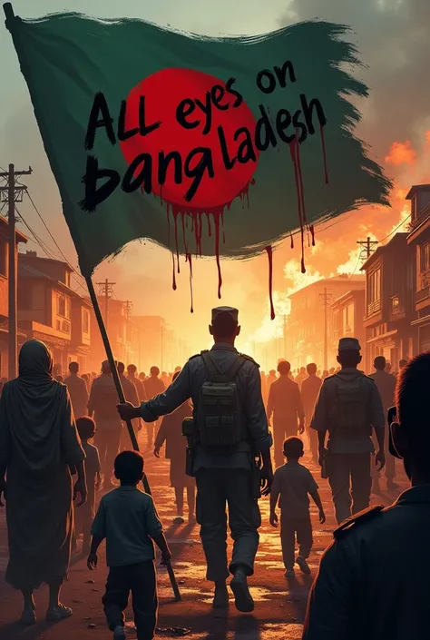 Bangladesh flag bloodshed with written sentences "All Eyes On Bangladesh" in bloodshed 
Save Chakmas
Burning houses, children crying,army firing