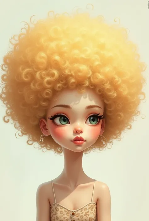 An illustration of a woman with albinism who has a blonde afro. Petite in size(  preferably amateur to intermediate digital artist style, not too anomated,slighty realistic) 