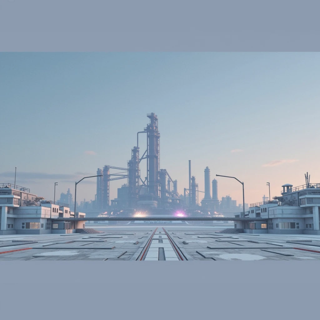 Generate a sci-fi image of a heavy industry mineral smelting factory from a frontal perspective. The factory floor is made up of large steel plates spliced together, and the steel frame rises and falls high and low. The evening sunset shines on the steel f...