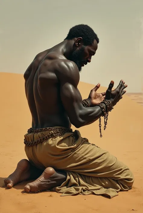 Back view A powerful black slave in Arabia,weeping and asking for forgiveness."