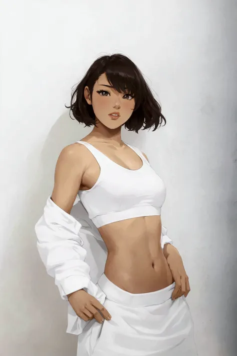 there is a woman in a white shirt posing for a picture, kiyoko suzuki, physical : tinyest midriff ever, yasumoto oka, model with attractive body, shiori teshirogi, with abs, chiho ashima, mutsumi akasaki, chiho, jen zee, gemma chen, nishihara isao, mai yon...