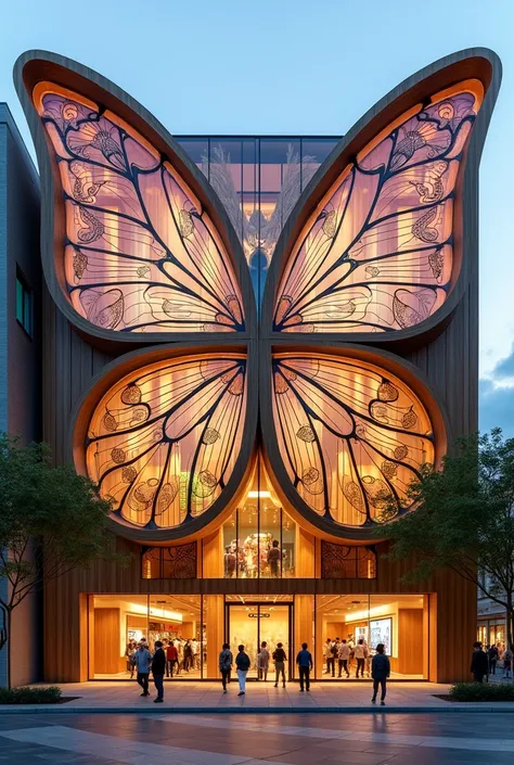 unique mall facade with patternd of butterfly wings, wood element, glass element