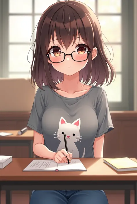 brunette anime girl with medium length hair wearing glasses with a gray blouse with a white kitten face printed in the middle of the jacket and jeans sitting at a desk in a classroom looking at the user discreetly a little blushing but seductive 