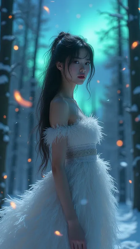 Score_11, Score_9_up, Score_8_up, Beautiful Japanese woman in short feather dress, tree in the background a snowy forest with aurora borealis with dark colors dark fantasy style, (XLabs F.11 Realism LoRA V11), magic fire floating particles, colored glass b...