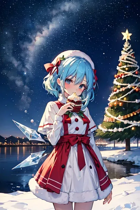 Cirno and friends have a Christmas party at a quiet lake on Christmas day　White Christmas　quiet night lake　Powdery snow falls　Christmas tree　Eating Christmas cake　illumination　Meteor Shower　　My breasts are small　Clothes are default