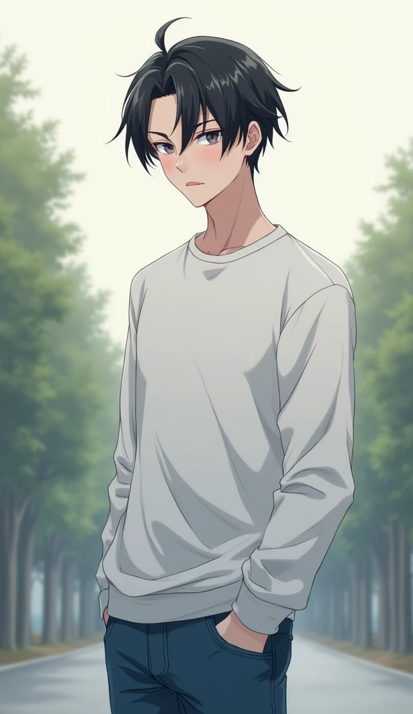 anime, guy, young adult, white sweater, blue jeans, quiet, serios, little smirk, tall, gray eyes, dark short hair up the ears, distant, serene