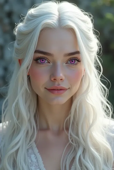 A pale-skinned woman of about 1, white hair, natural violet eyes, very beautiful, smiling realistically with unique features similar to the Targaryens, realistic that looks more human than realistic that looks like other creations that is more natural.