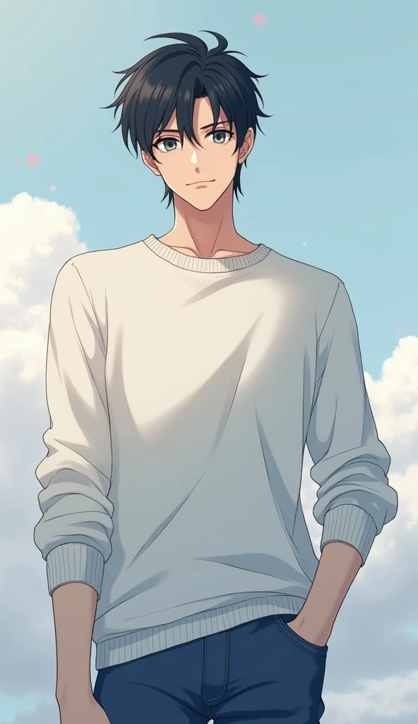 anime, guy, young adult, white sweater, blue jeans, quiet, serios, little smirk, tall, gray eyes, dark short hair up the ears, distant, serene