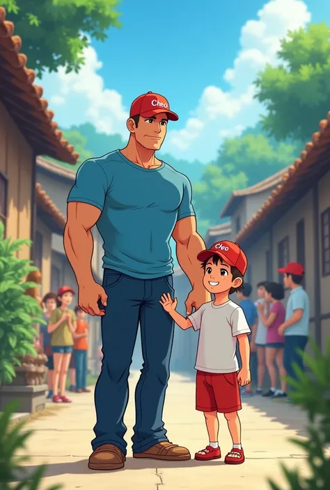 Young man with his son, Muscular young man with blue shirt and long jeans with cap, on the cap say CHEO with his  son in a white shirt with red shorts and a red cap helping the villagers in anime manga