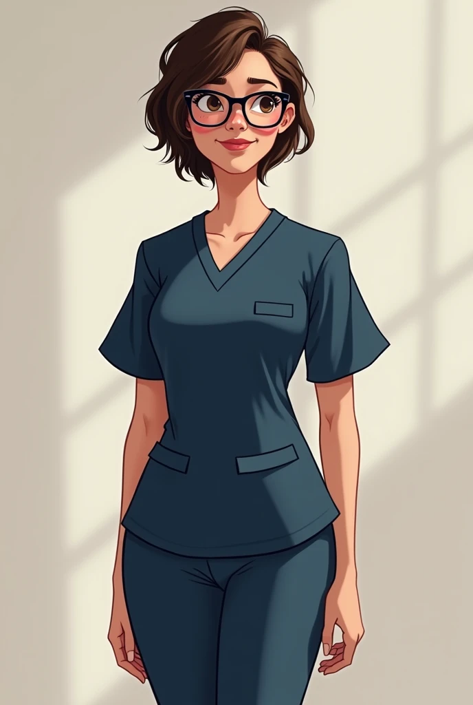 Female physiotherapist as a Disney animated character with short hair, with glasses and in a dark blue uniform , with loose arms and the uniform having a different shape, that has a different body, that he doesn&#39;t have the tool that is on his neck and ...