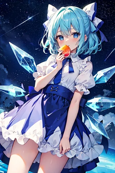 I am the strongest Cirno　Meteor Shower　quiet night lake　Stars Shining　Shooting Star　　Eating a fruit parfait　illumination　ペルセウス座Meteor Shower　　My breasts are small　Clothes are default