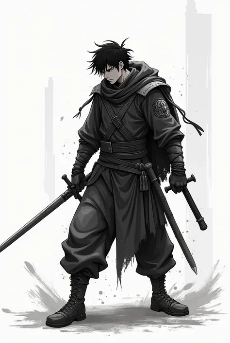 Create a black graffiti style drawing of a 1 man from a medieval era, using a medium sized sword, In anime style. Don&#39;t make it too detailed