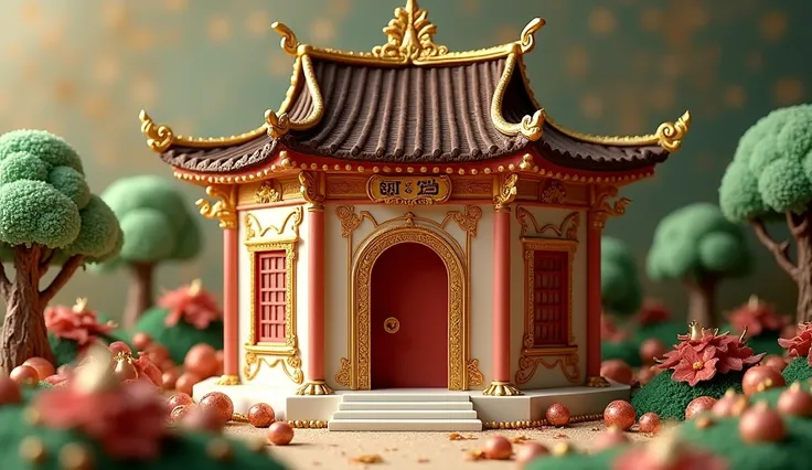 An intricate and majestic temple made entirely of cake, with layered sponge cake walls, buttercream detailing, and delicate sugar decorations. The temples roof is crafted from chocolate fondant, with intricate piping and edible gold leaf accents. Surround ...